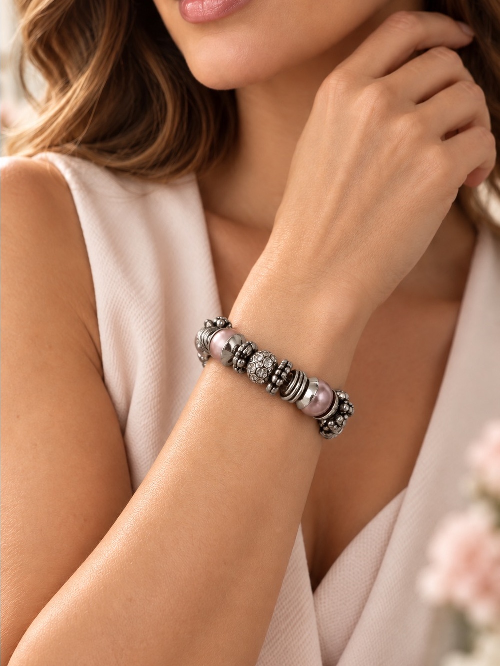 Champagne Pearl Silver Tone Rhinestone Beaded Boho Statement Stretch Bracelet
